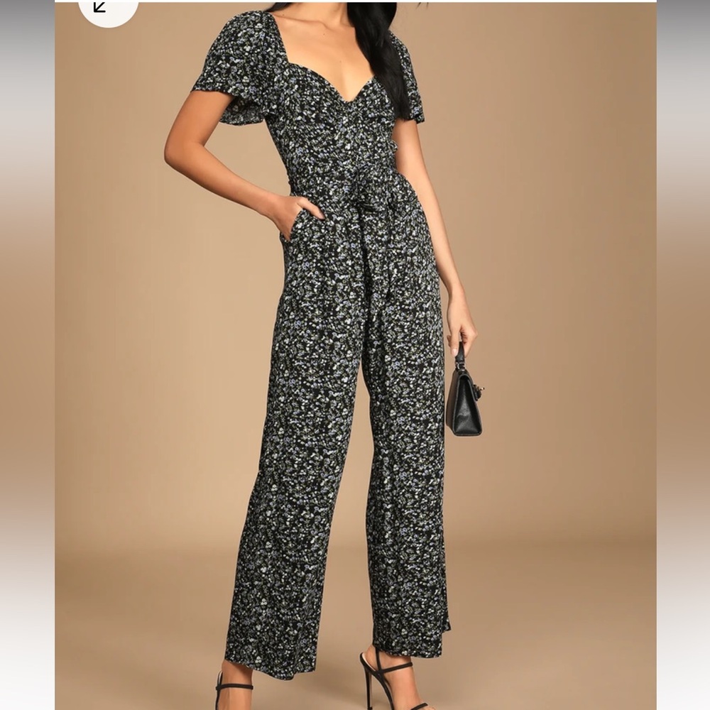 Lulu’s Awesome Blossoms Black Floral Print Flutter Sleeve Jumpsuit